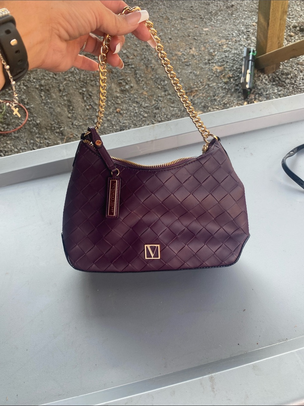 Victoria's Secret Woven Shoulder Bag in Dark Brown with Gold Chain